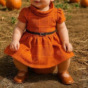 Janie and Jack Baby Girl Orange Festive Dress 12-18M Plaid Holiday Party‎ Preppy